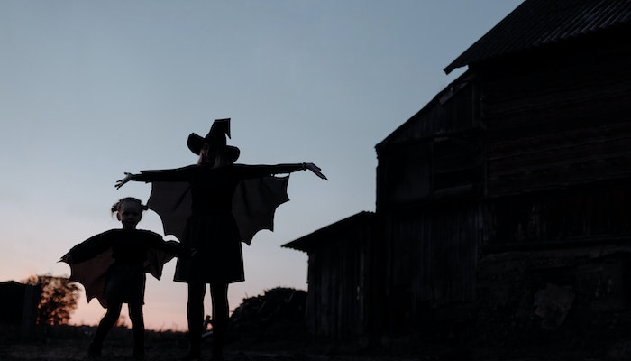 silhouette of a big witch and a child witch beside a house